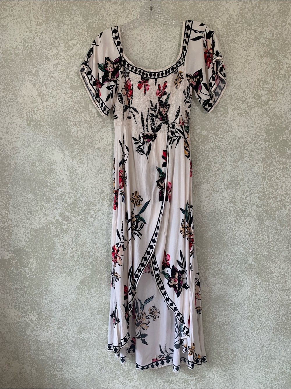Jealous Tomato White Maxi Dress with Black Trim and Floral Accents